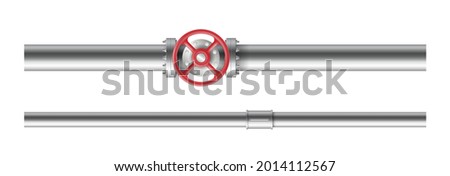 Pipe with valve ball, fittings and realistic piping system. Industrial faucet for water, oil, gas pipeline, pipes sewage. Construction pressure technology plumbing. 3d vector illustration