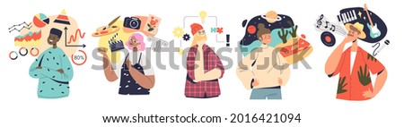 Mindset types set: structural, analytical, logical and creative artistic personalities cartoons with different thinking concept. Flat vector illustration