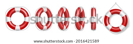 Set of red life buoys. Rescue belts, inflatable rubbers lifebuoys ring with rope for help and safety of life drowning on white background. Realistic 3d vector illustration