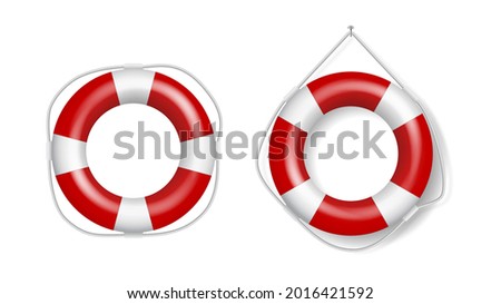 Set of realistic lifebuoys, white and red striped rescue life preserver rings. Beach or marine ship lifesavers lifeguards 3d collection. Vector illustration