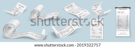 Realistic payment paper bills for cash or credit card. Atm, cafe or restaurant paper financial check. Set of white paper with purchase invoice. 3d vector illustration
