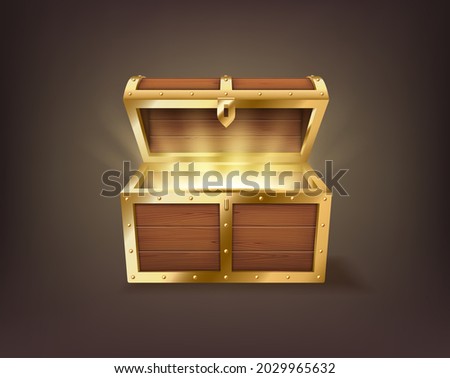 Realistic open chest, vintage old treasure wooden box, pirate dover with golden glowing inside. Wood case for gold and money keeping. 3d vector illustration