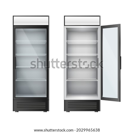 Vertical glass refrigerators showcase for drinks and beverage. Fridges with glass doors open or closed for shop, supermarket or cafe interior. 3d vector illustration