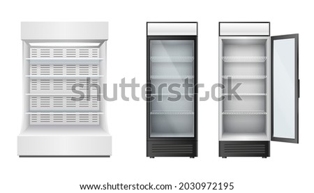 Set of fridges for supermarket or grocery store with glass door and selves for products storage and display. Realistic refrigerators. 3d vector illustration