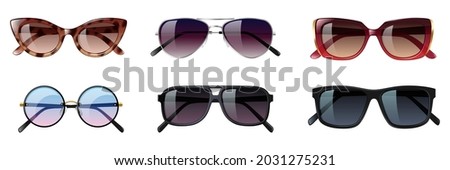 Set of sunglasses, different trendy glasses for sun shine protection. Modern hipster eyewear design with colorful protective lens. 3d vector illustration