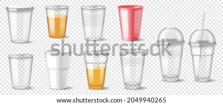 Set of realistic plastic glass empty and full cups for mockup disposable drinks container for branding. Hot and cold beverage takeaway isolated on transparent background. 3d vector illustration