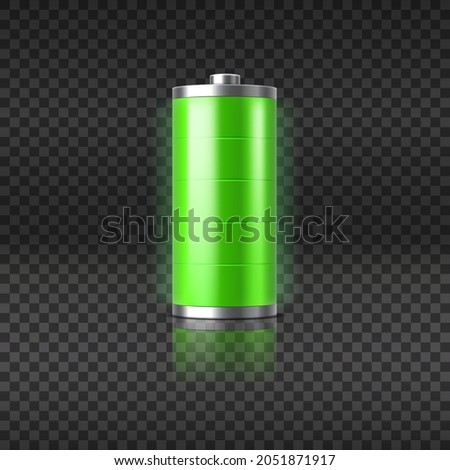 Full charged battery glowing with green light charging status indicator isolated on transparent background. Realistic glass power battery. 3d vector illustration