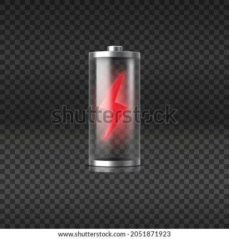 Discharged empty battery glowing with red light charging status indicator isolated on transparent background. Realistic glass power battery. 3d vector illustration