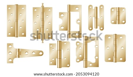 Golden door hinges, construction hardware isolated on white background. Realistic set of gold tools for joint gates and windows. 3d metal hinges for house and furniture. 3d vector illustration