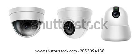 Digital security camera or cctv spy home secure equipment. Realistic dome cam set isolated on white background. Safety control and crime protect concept. 3d vector illustration
