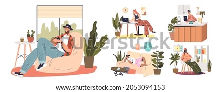 People at home using gadget devices: smartphones, digital tablets and laptop computer for relax and work online remotely. Persons with modern technologies in living room. Cartoon vector illustration