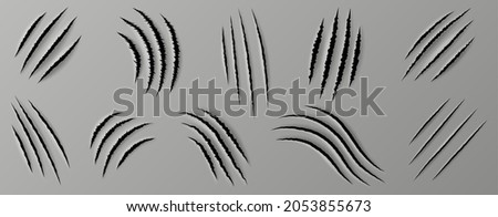 Set of realistic scratch claws of wild animal. Beast claws scrape tracks with hole in sheet of paper with torn edges isolated. 3d vector illustration