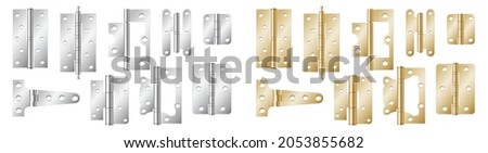 Door hinges realistic set. Classic industrial ironmongery golden and silver isolated on white background. Simple entry door metal hinge icon. 3d vector illustration