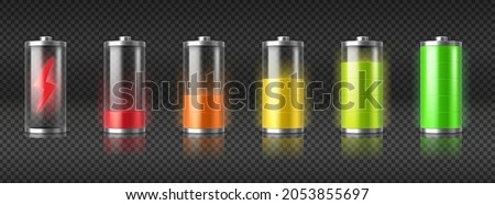 Set of realistic battery charge indicators with low and high energy levels isolated on transparent background. Full charged and discharged accumulators with colorful glow. Vector illustration