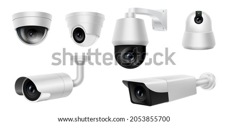 Realistic security cam set, cctv video camera, street observe surveillance equipment front and side angle view isolated. Secure guard eye and crime prevention concept. 3d vector illustration