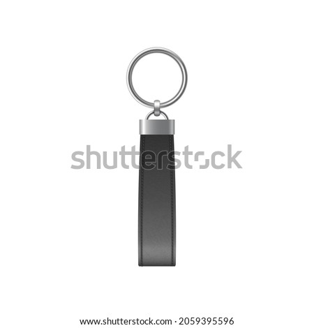 Leather keychain, holder trinket for key with metal chrome ring. Realistic template of black fob for home, car or office, blank accessory for corporate identity. Vector illustration