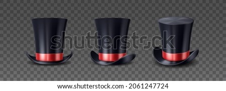 Magician top hat, black vintage cylinder cap with red bow and high crown isolated on transparent background. Circus performer headwear for magic tricks. Realistic 3d vector illustration