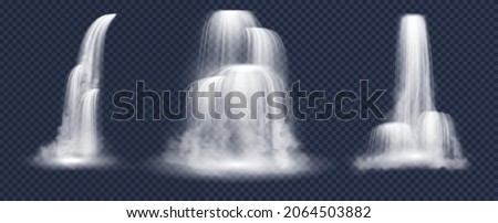 Waterfalls and water fall cascades realistic set of mountain river streams falling down with splashes, fog or mist and drops. Ledge, plunge and horsetail water falls. Vector illustration
