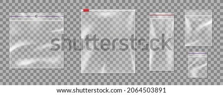 Realistic plastic zipper bag mockup set isolated on transparent background. Blank packaging empty sealed container for food storage. 3d vector illustration