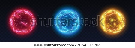 Powerful electrical discharge, lightning strike impact place realistic on transparent background. Ball lightning, magical effect design elements set. 3d vector illustration