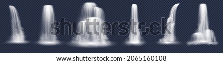 Realistic waterfalls set on transparent background. Falling river water or mountain fall, cascade aqua stream. Nature fluid splash and drop. 3d vector illustration