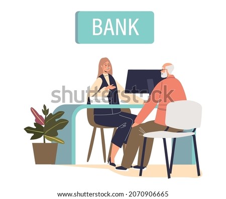 Senior man visit bank sit in office talking to manager of credit or deposit department worker. Retirement, pension and bank service concept. Cartoon flat vector illustration