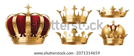 Realistic gold crowns set. Crowning headdress for king and queen. Royal golden noble aristocrat monarchy red jewel crowns. Monarch jewels royalty luxury coronation. 3d vector illustration