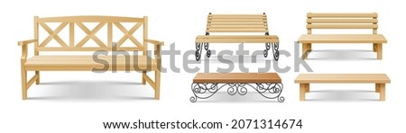 Wooden park benches, outdoor brown wood seats with decorative ornate forged metal legs and armrests. Garden or sidewalk furniture isolated on white background. Realistic 3d vector illustration