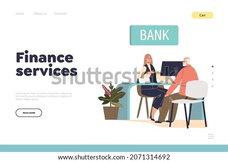 Senior man visit bank sit in office talking to manager of insurance, credit or deposit department worker. Retirement, pension and bank service. Cartoon flat vector illustration