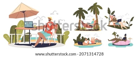 Set of freelance workers: men and women on freelance occupation or outsource work on beach, at swimming pool, lying in hammock. Remote business and self-employment. Cartoon flat vector illustration