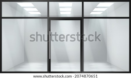 Glass entrance door. Shopping center mall entrance automatic doors with reflection and black frame. Store facade with storefront and exhibition lights. Realistic vector illustration