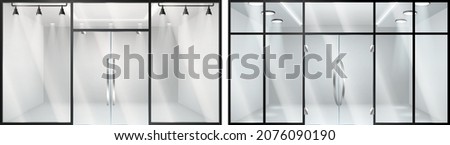Storefront entrance door with transparent windows, glass illuminated showcase for presentations. Large shop showcase, empty fashion boutique or showroom with lights. Realistic vector illustration