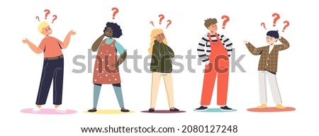 Group of curious kids with question marks. Little boys and girls need answers about world and general knowledge. Childhood concept. Cartoon flat vector illustration
