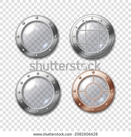 Set of realistic porthole glass window from spaceship or submarine isolated on transparent background gold and chrome silver. 3d vector illustration