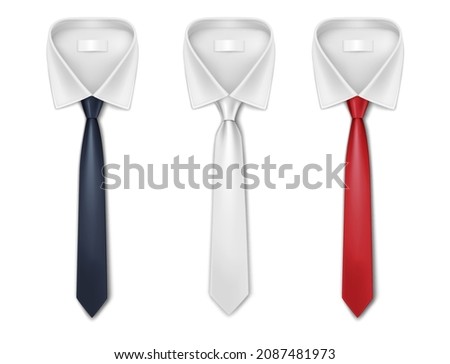 Set of silk neckties. Classic long red, white and black ties isolated on white background. Realistic cravats on shirt collar collection. 3d vector illustration