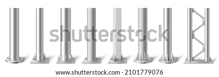 Metal pole pillars set, steel pipes of different diameters bolted on round base isolated on white background. Cylinder footings for road sign, banner, billboard. Realistic 3d vector illustration