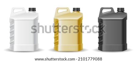 Set of plastic canister with blank label. Package bottle containers with handle and screw cap of oil. Industrial packaging for chemicals, cleaners, detergents and liquid products. Vector illustration