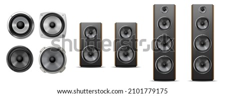 Set of different sound speakers, subwoofer icons, acoustic audio systems for concert or party equipment, home cinema stereo system. Realistic 3d vector illustration