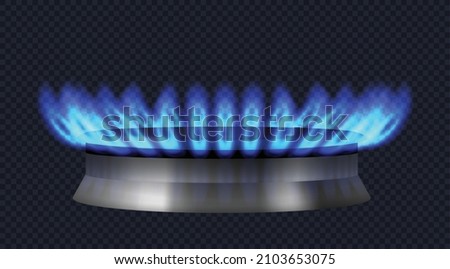 Realistic gas burner with blue flame on dark transparent background. Burner of modern gas stove or oven for food cooking. 3d vector illustration