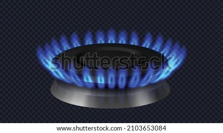 Modern gas burner with blue flame isolated on dark transparent background. Front view gas burner ring. Realistic burner propane butane oven element. Vector illustration