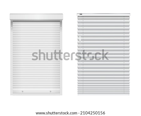 Window blinds, horizontal closed jalousie and plastic louvers, sun blind curtains. Realistic elements for office and home room interior metal or plastic. Vector illustration
