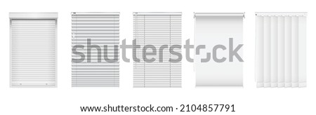 Set of realistic blinds or window louver. Plastic or metal curtain for office or home interior. Vertical and horizontal jalouse. Roller for windows decoration and protection. Vector illustration
