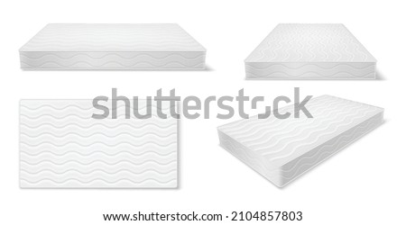 Mattress, futon or flock bed realistic mockups set. Top, side, three quarter view. Large pad for supporting body, sleeping, rest, relaxation on bed, sofa or couch. Vector illustration