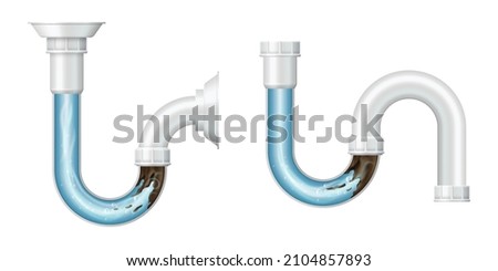 Realistic drain pipe clogged with mud, isolated 3d set. Sink pipe with liquid cleaning detergent effect. Silver sewerage siphon with clog on white background. Vector illustration