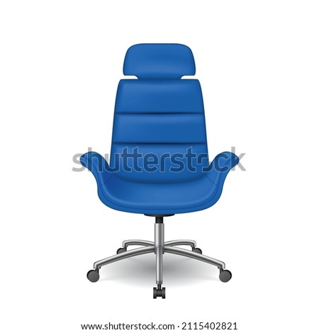 Comfortable office chair on wheel with blue leader or fabric back. Realistic stool for sitting work isolated on white background. 3d vector illustration