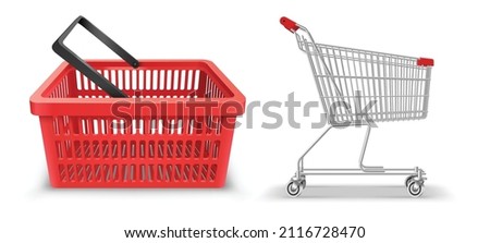 Realistic plastic shopping basket and trolley cart for product carrying in shop, retail store, supermarket or hypermarket. Merchandise and commerce objects. 3d vector illustration