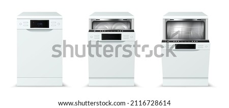 Realistic dishwasher with open door, closed, filled with dishes and empty front view isolated on white background. Modern, smart built-in household appliance for washing dishes. Vector illustration