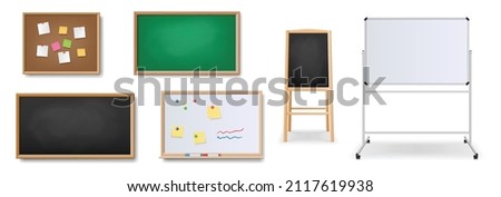 Set of realistic boards. Black and green chalkboards for school or restaurant, white flip chart, magnetic board and cork board for pinning notes. 3d vector illustration