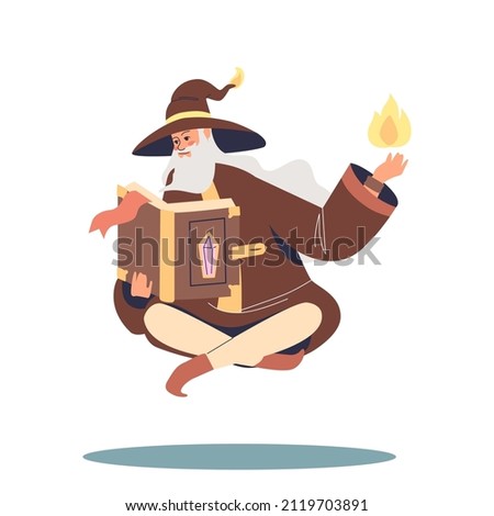 Old wizard sorcerer read spell book levitating make magic fire wearing magician robe and hat tell spell. Senior bearded fairytale character. Cartoon flat vector illustration Foto stock © 