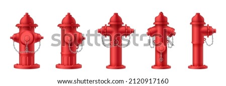 Realistic fire hydrant set. Red construction with valves street pipes for water decent isolated on white background. 3d vector illustration